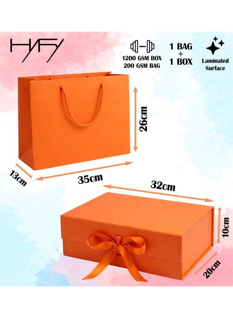 Orange Gift Box With Gift Bag 32x20x10cm Large laminated luxury Gift box hermes orange Gift Boxes Magnetic Closure with Ribbon with Foldable Lid boxes for Women Wedding bridal Gifts Birthday Wedding Gifts Packaging - view 3
